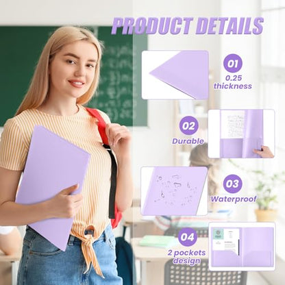 Gueevin 100 Pack Plastic Folder with Pockets, 2 Pocket Folders, Plastic Glossy Folders Fit Letter Size Paper, Heavy Duty Durable File Folder with Business Card for Home Office School (Light Purple) - color: Light Purple