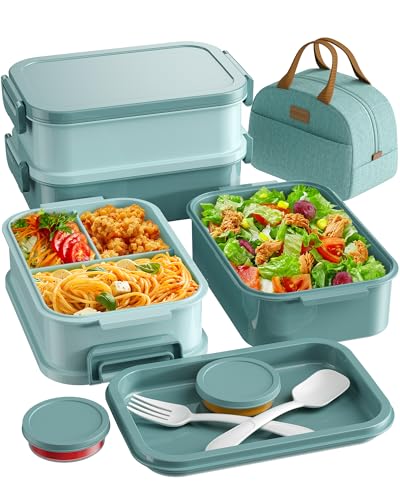 KEMETHY Adults Bento Lunch Box Set with Thermo Bag, 74oz Stackable Leak-proof 3-tiers Bento Box, Built-in Utensil and Sauce Container for Work, School, Dining Out (Green) - color: Lake Green