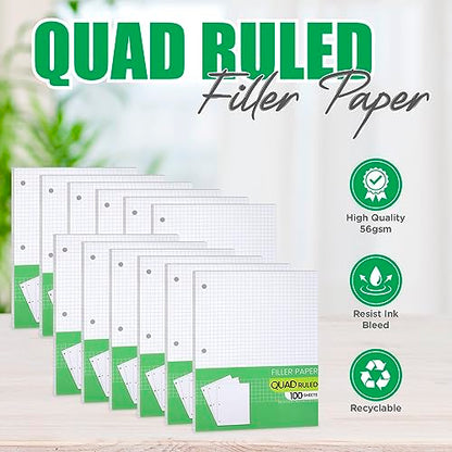 Graph Paper, Filler Paper Loose leaf Graph Paper - 8” x 10.5" - Graph Ruled, 4x4 Quad Ruled Notebook Paper, 3 Hole Punched Loose leaf Papers for 3 Ring Binders - 100 Sheets per Pack (12 Pack)