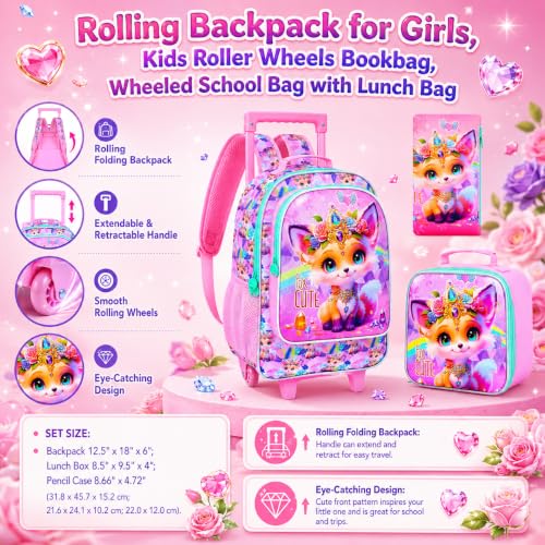 3Pcs Rolling Backpack for Girls, Kids Roller School Backpack with Wheels, Fox Wheeled Bookbag for Elementary Preschool Kindergarten(Pink) - color: Fox Yellow