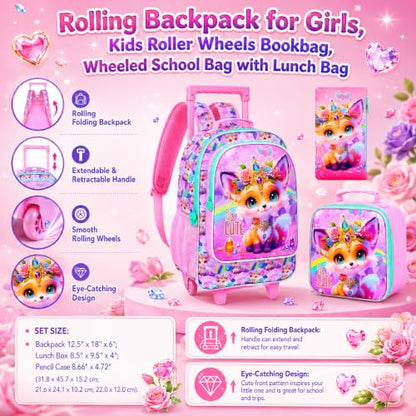 3Pcs Rolling Backpack for Girls, Kids Roller School Backpack with Wheels, Fox Wheeled Bookbag for Elementary Preschool Kindergarten(Pink) - color: Fox Yellow