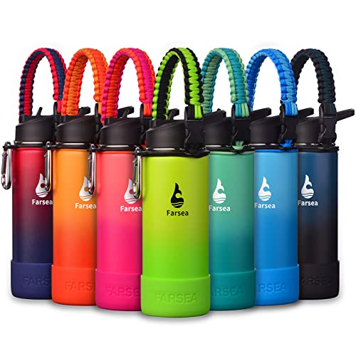 Farsea Insulated Water Bottle With Paracord Handle, Protective Silicone Boot and 2 Lids (Straw Lid & Spout Lid), Stainless Steel Water Bottle Wide Mouth, Double Wall Sweat-Proof BPA-Free, 18 oz - color: Neon, size: 18 Ounces