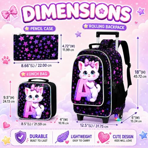 WZLVO 3PCS Kids Backpack with Wheels, 18" Sparkling Cat Print Roller Backpack for Girls with Light-Up Wheels, Includes Matching Lunch Bag & Pencil Bag - Cat Hugging A (Purple) - color: 3PCS Girls Rolling Backpack - Cat Hugging A