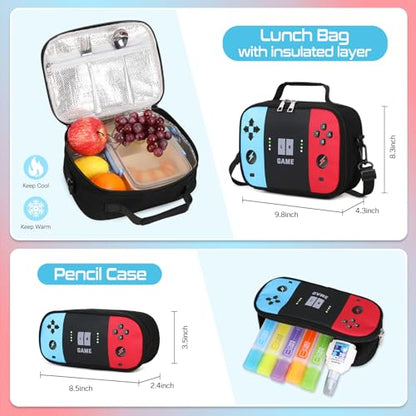 Jafeton Rolling Backpack for Boys, 3 PCS Gamer Boy Backpack Set with Lunch Box & Pencil Pouch, Roller Wheels School bag for Boys Kids Teens, Elementary Middle School, Kids Bookbag Casual Daypack - color: Red Black