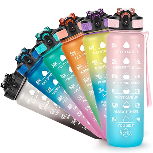 YC Kitchen Motivational Water Bottle with Time Marker - 32oz, Leak-proof BPA Free Sports Water Bottles with Straw & Carrying Strap - color: Pink/Blue Gradient, size: 32 Ounces