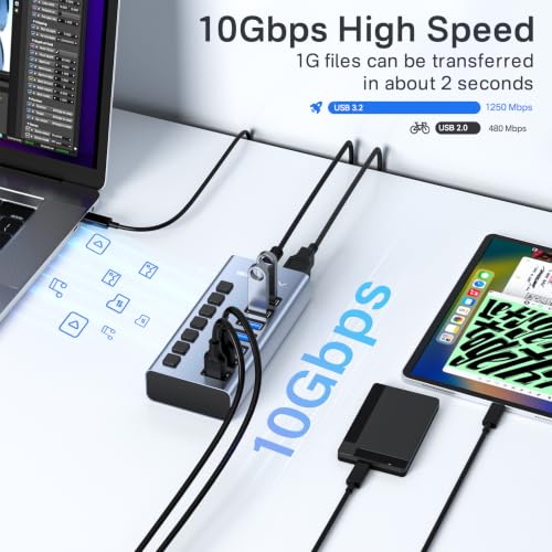 Powered USB 3.2 Hub, ACASIS 7 Ports USB 3.2 Hub with 10Gbps Data Speed, Aluminum Housing, USB Hub Powered with 24W Power Adapter, USB Hub for PC/Laptop, Computer, Flash Drive, Printer, Camera - size: 7 ports