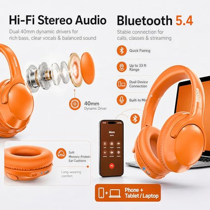 MIDOLA Bluetooth Headphones Over Ear, 68H Playtime Wireless Headphones with Microphone, 6 EQ Modes, HiFi Stereo Deep Bass, Foldable Lightweight Headset for Home Office, Cellphone, PC, Orange - color: Orange