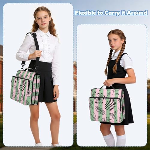 Hand-Drawn Leaves Zipper Binder with 2 Inch D-Rings Expandable File Portfolio with Shoulder Strap, Waterproof Nylon Organizer for 14" Laptop for Work College Travel