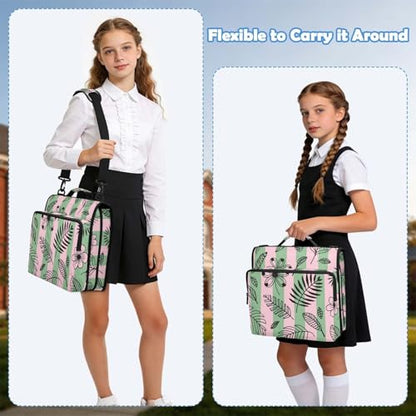 Hand-Drawn Leaves Zipper Binder with 2 Inch D-Rings Expandable File Portfolio with Shoulder Strap, Waterproof Nylon Organizer for 14" Laptop for Work College Travel