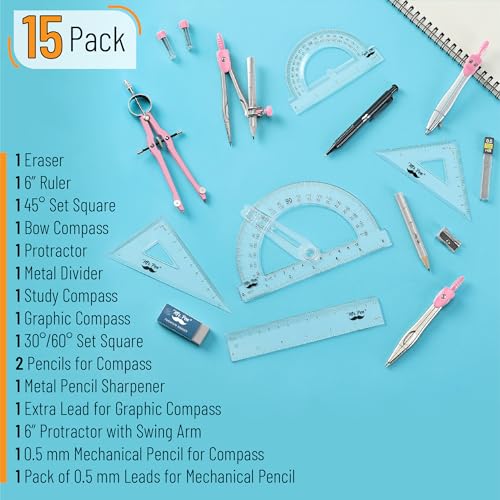 Mr. Pen- Geometry Set, 15 pcs, Pink, 6 Inch Swing Arm Protractor, Divider | Set Squares, Ruler, Compasses and Protractor - color: Pink