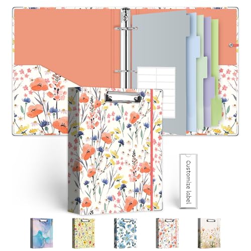 Mini Binder Organizer，1 Inch 3 Ring Binder with Clipboard, 5-Tabs Pockets Dividers, Plastic Folder, 18 Divider Stikers, Pen Loop (Flora, 5.5" x 8.5") - color: Flora, size: 1in（5.5"x8.5"）