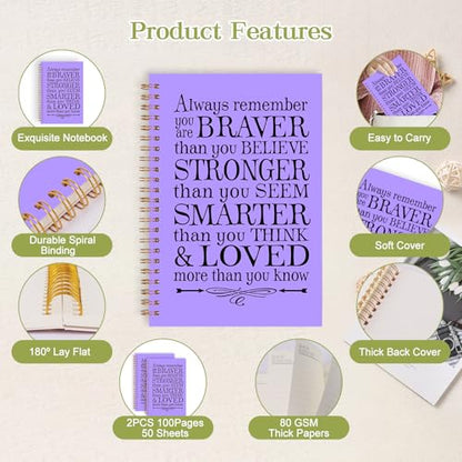 2Pcs Spiral Journal Notebook for Women Men, A5 Motivational Journal with 100 Pages, College Ruled Hardcover Notebook for Office School Home, Inspirational Gifts Encouragement Gifts - color: Purple