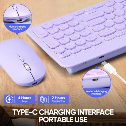 Wireless Keyboard and Mouse Combo with Phone Tablet Holder, Rechargeable Dual-Mode (Bluetooth 5.0 and 3.0 +2.4G) Multi-Device Silent Mouse for Windows, iPad, Tablet, MacOS,iOS,Android (Purple) - color: purple