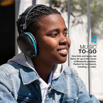 JLab JBuddies Pro Wireless Over-Ear Kids Headphones, 35+ Hour Battery Life, Built-in Volume Regulators for Safety, Share Mode, Folding, Adjustable, Noise Isolation, with Mic, Blue
