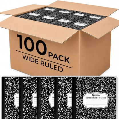 Rosmonde 100 Pack Composition Notebooks Bulk, Wide Ruled Composition Notebook, 200 Pages (100 Sheets), 9-3/4 x 7-1/2, Black Marble, Bulk School Supplies, Office Notebooks, Bulk Notebooks for School - size: 100 Pack, style: Wide Ruled - Black Marble