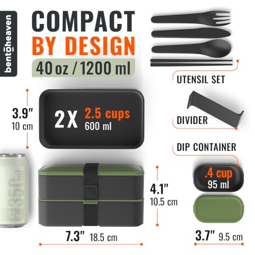 Bentoheaven Bento Box Adult, Stackable Lunch Box, 40 oz, Olive Garden | BPA-free, leakproof and microwave-safe with 2 compartments, utensils, chopsticks, divider and sauce cup for men and women. - color: Olive Garden