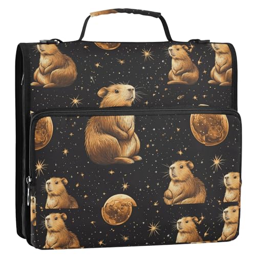 Boccsty Capybara in Space Zipper Binder 3 Ring Binders Expanding File Folder Multi-Pocket Zipper Binder Organizer for School Shoulder Strap and Handle - color: Multicolored 09