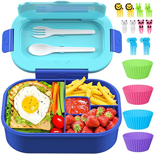 Kids Bento Lunch Box Leakproof Lunch Box with 4 Compartments Lunch Containers with Tableware Kids Bento School Lunch Boxes with Container 44oz, Microwave Dishwasher Freezer Safe (Blue) - color: Blue