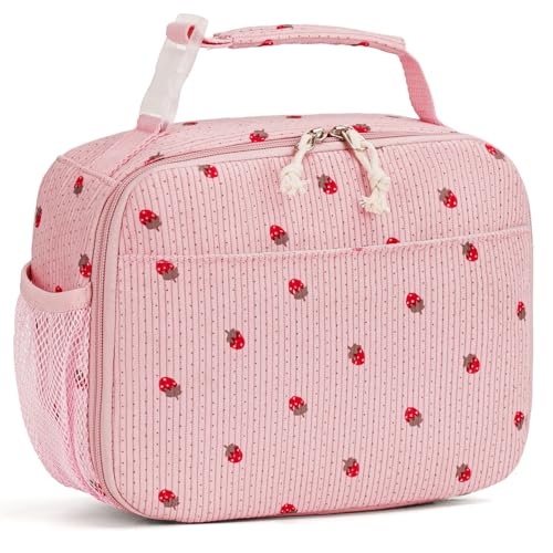 Corduroy Lunch Bag for Women Kids Small Insulated Lunch Box Girls | Cute, Handle with Buckle, PEVA Lining, Keeps Food Fresh Hours, Holds Containers Bottles Utensils, for School Work Travel - color: Pink Strawberry (Red)