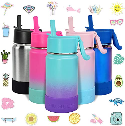 CHILLOUT LIFE 12oz Kids Insulated Stainless Steel Water Bottle with Leak Proof Straw Lid & 144 Stickers - color: Caribbean Lily, style: 12 oz