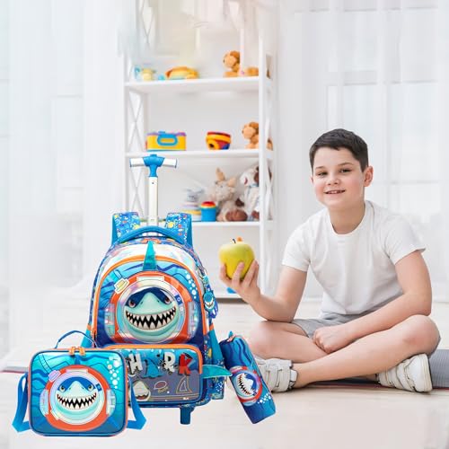 Kids Rolling Backpack with Wheels for Boys Elementary Students Kids Shark Travel Luggage Carry on School Backpack for Boys Ages 6-8 - color: 01 Shark