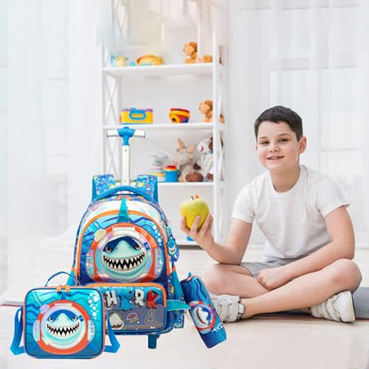 Kids Rolling Backpack with Wheels for Boys Elementary Students Kids Shark Travel Luggage Carry on School Backpack for Boys Ages 6-8 - color: 01 Shark
