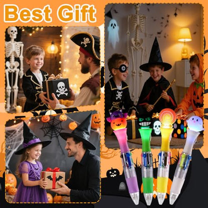 Vellibring 12PCS Halloween Pens,Multicolor Ballpoint Pens with Lights 4 Colors in 1 Halloween Retractable 0.7mm Multicolor Glow Writing Stationery for Holiday Party School Supplies Students Rewards - style: Halloween（lights）-12pcs