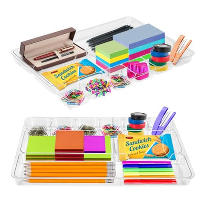 Manaloom Desk Drawer Organizer Tray with 9 Storage Compartments - For Home and Office - Drawer Organizers Office, Perfect Organizing Pens, Pencils, Paper Clips, Sticky Notes - Clear - 2 Pack
