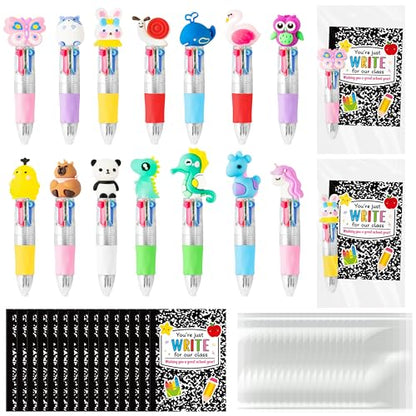 ANGOLIO Back to School Gifts for Students - 28 Sets First Day of School Gifts Include Animal 4 in 1 Multicolor Ballpoint Pens with Greeting Cards for Classmate Teacher Classroom Reward Party Supplies - style: Back to School Cute Animals