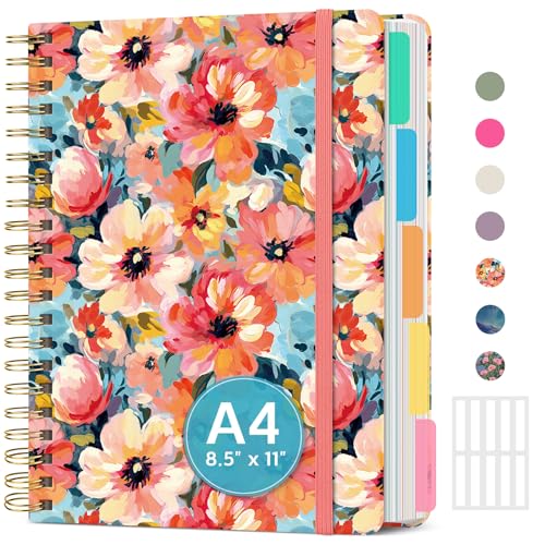 Large Lined Spiral Journal for Women Cute Hardcover 5 Subject Notebook for Work 8.5" x 11" with Removable Dividers & Tabs, College Ruled, 280 Pages Aesthetic Journal for Work, School & Note Taking, Pastel Garden - color: O - Pastel Garden