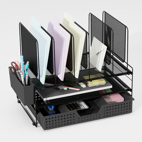 LEKETREE Desk Organizer, Office Organization with Vertical File Holder, File Organizer with Drawer and Pen Holder, Desk Accessories and Workspace Organizers for Home Office (Black) - color: Black