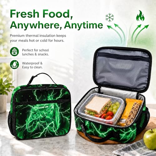 Game Backpack Set for Boys Kids – 17" Large Capacity Gaming School Bag with Lunch Box, Pencil Bag and Coin Purse (Green) - color: Green-1
