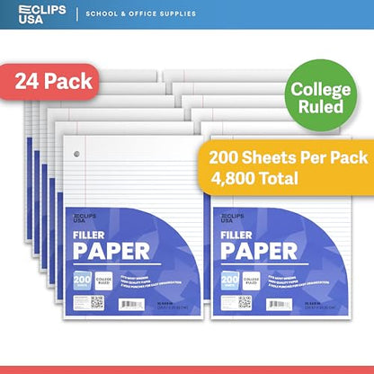 Loose Leaf Paper College Ruled Notebook Paper College Ruled Lined Writing Filler Paper 10.5” x 8” 4800 Sheets 200 Sheets Per Pack 60 gsm (24 Pack) - size: 24 Pack