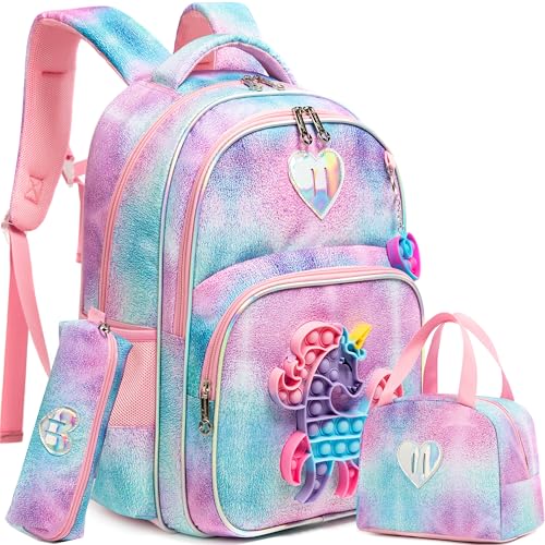 Backpack for Girls Elementary Preschool Kids Lunch Box for School - color: Unicorn Bag Purple