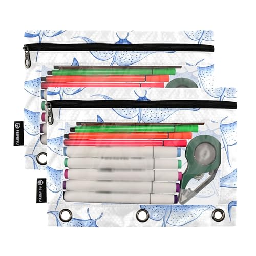 Manta Rays Blue Binder Pencil Pouch 3 Ring Clear Pouches with Zipper Pen Organizer for Office College School, 2 Pack - color: Multi-manta Rays Blue