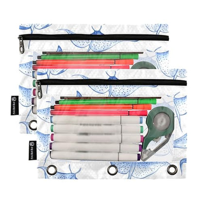 Manta Rays Blue Binder Pencil Pouch 3 Ring Clear Pouches with Zipper Pen Organizer for Office College School, 2 Pack - color: Multi-manta Rays Blue