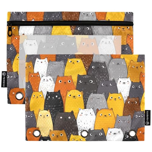 Studying 2 Pack Cute Floral Colors Cats 3 Ring Binder Pencil Pouch Bags,Clear Window Storage Case with Zipper for Boys Girls School Office Supplies Cosmetics Organizers - color: Multi-cats