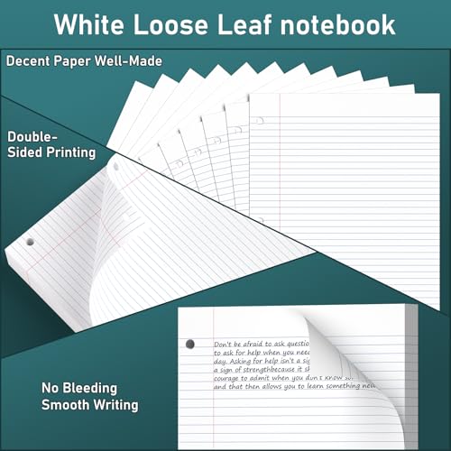 6 Pack Loose Leaf Paper, 120 Sheets Notebook Lined Pads, 8 x 10.5 College Ruled Filler Paper, 3-Hole Punched, White Loose Leaf Notebook Paper for 3 Ring Binders, for Home & Office, School Supplies - color: White