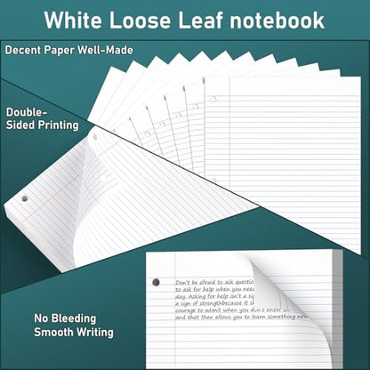 6 Pack Loose Leaf Paper, 120 Sheets Notebook Lined Pads, 8 x 10.5 College Ruled Filler Paper, 3-Hole Punched, White Loose Leaf Notebook Paper for 3 Ring Binders, for Home & Office, School Supplies - color: White