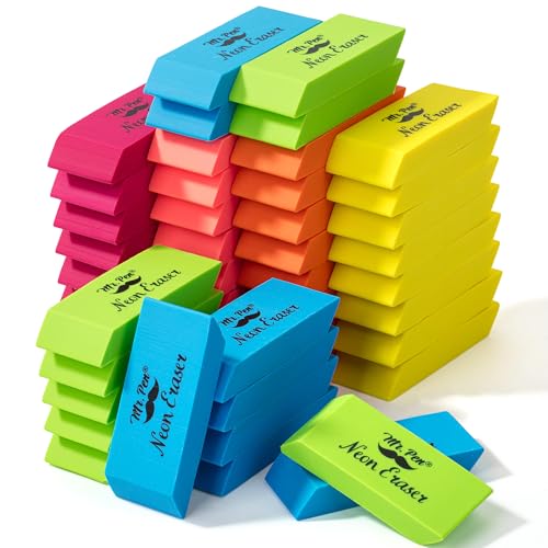 Mr. Pen- Pencil Eraser Bulk, 48 Pack, Neon Colors | Large Latex Free Block Erasers Bulk for School, Office, Art Sketching, Homework, Exams, Clean Smudge-Free Correction - color: Neon, size: 48 Pack
