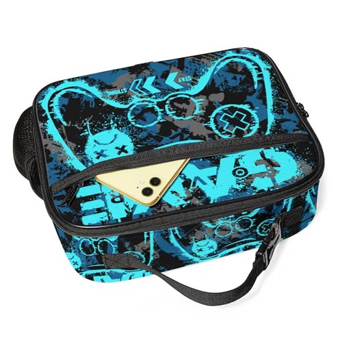 WOBAGMEN Game Lunch Box for Kids, Cute Insulated Lunch Bag for Boys Girls,Waterproof Lunch Box with Water Bottle Holder for Teens Adults Picnic Travel Back to School (Blue Game) - color: Blue Game