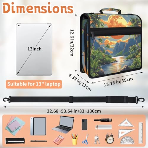 Summer Plam Sea Zipper Binder, 3 D-Ring Expanding File Folder with Handle & Adjustable Shoulder Strap, 400 Sheets Capacity Multi-Pocket Organizer for 13 Inch Laptop - color: Summer Plam Sea