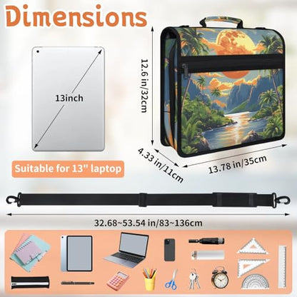 Summer Plam Sea Zipper Binder, 3 D-Ring Expanding File Folder with Handle & Adjustable Shoulder Strap, 400 Sheets Capacity Multi-Pocket Organizer for 13 Inch Laptop - color: Summer Plam Sea