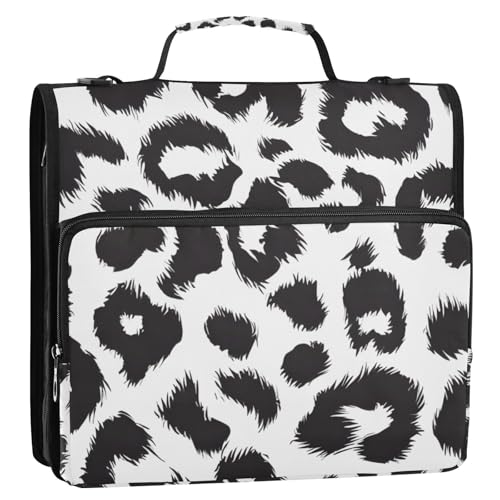 Bolaz Durable 3 Ring Binder Bag with Zipper,Black and White Leopard Print Pattern,1.5 Inch Multi-Pockets Organizer with Shoulder Strap and Handle - color: Black and White Leopard Print Pattern