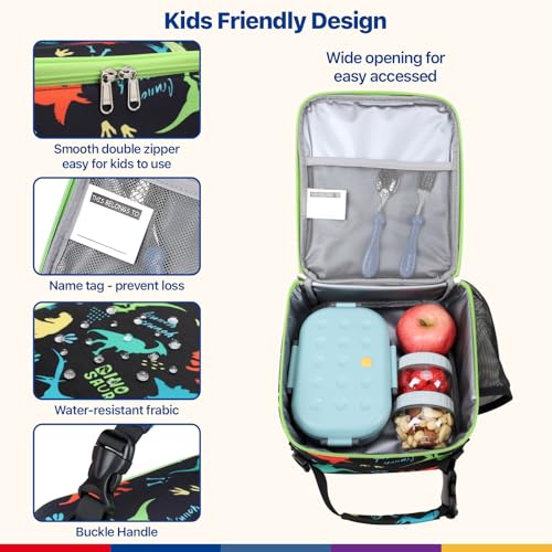 Bagseri Kids Lunch Bag with Shoulder Strap - Insulated School Lunch Box | Easy Carry Handle, Leak Proof, Water Bottle Holder, Roomy Toddler Lunch Box for Snacks, Drinks, Picnics, Trip, Black Dinosaur - color: B Black Dinosaur, size: Crossbody Strap Series