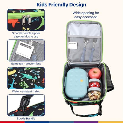 Bagseri Kids Lunch Bag with Shoulder Strap - Insulated School Lunch Box | Easy Carry Handle, Leak Proof, Water Bottle Holder, Roomy Toddler Lunch Box for Snacks, Drinks, Picnics, Trip, Black Dinosaur - color: B Black Dinosaur, size: Crossbody Strap Series