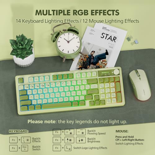 Wireless Keyboard and Mouse Combo Creamy with Number Pad for Desktop Mac iPad Bluetooth/2.4ghz/Wired Rechargeable Light up RGB Quiet Compatible with PC Laptop Tablet (Green) - color: Green