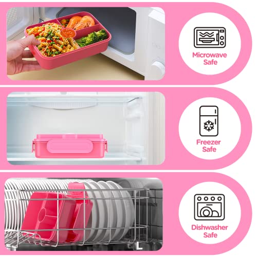 Jelife Kids Lunch Bento Box, Large Bento-Style Leakproof Boxes 4 Compartments Girls Snack Containers with Tableware for Back to School, Reusable On-the-Go Meal and Packing, Pink - color: 1100ml-Pink
