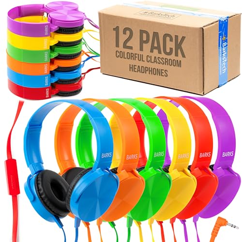 Barks Classroom Headphones with Microphone (Colorful, 12 Pack) - Wired 3.5mm On-Ear Bulk Headphones for Classroom: Best for Students K-12 Schools (Durable, Inline Microphone, Great Recording Quality) - color: Mixed