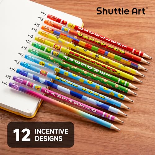 Shuttle Art 다양한 색상의 연필, 180팩 아동용 연필 벌크, 12가지 디자인, #2 HB, 미리 깎은 상 및 인센티브 연필, 어린이 학교 홈 파티 선물, 선물 가방 스터퍼